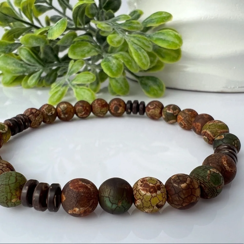 Earth Tones Tibetan Matte Agate Stretch Beaded Bracelet